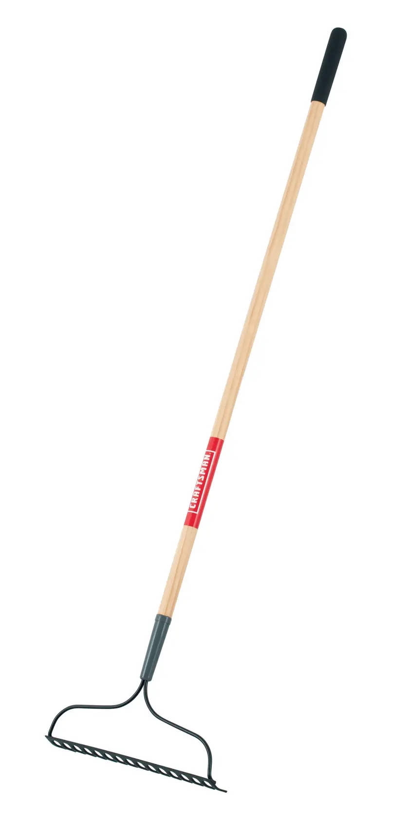 Long Handle 16 Tine Steel Garden Soil Rake with wood handle and cushion grip, horizontal side