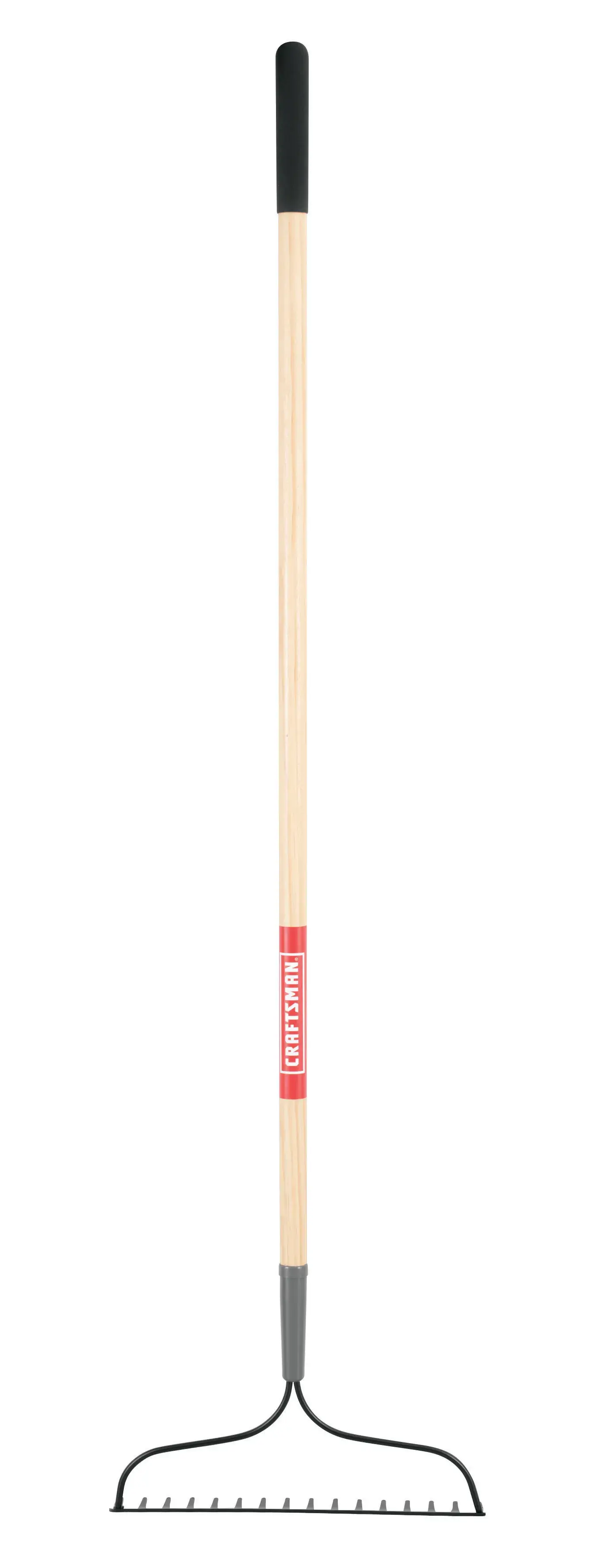 Long Handle 16 Tine Steel Garden Soil Rake with wood handle and cushion grip, front-facing