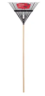 Long Handle 24 Tine Flexible Steel Leaf and Lawn Rake with wood handle, front-facing