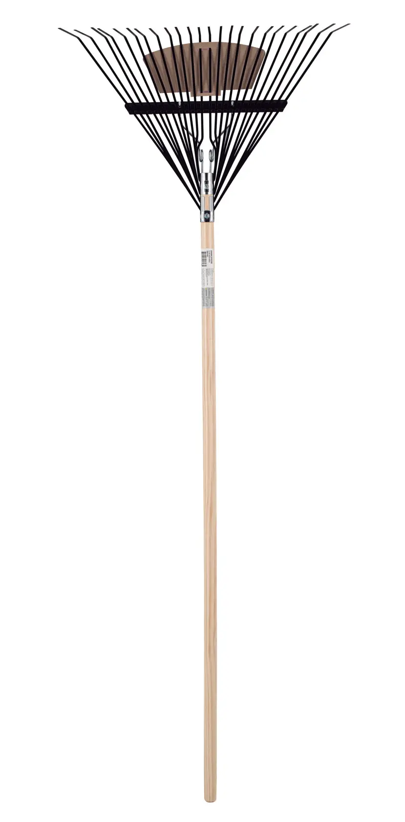 Long Handle 24 Tine Flexible Steel Leaf and Lawn Rake with wood handle, rear-facing