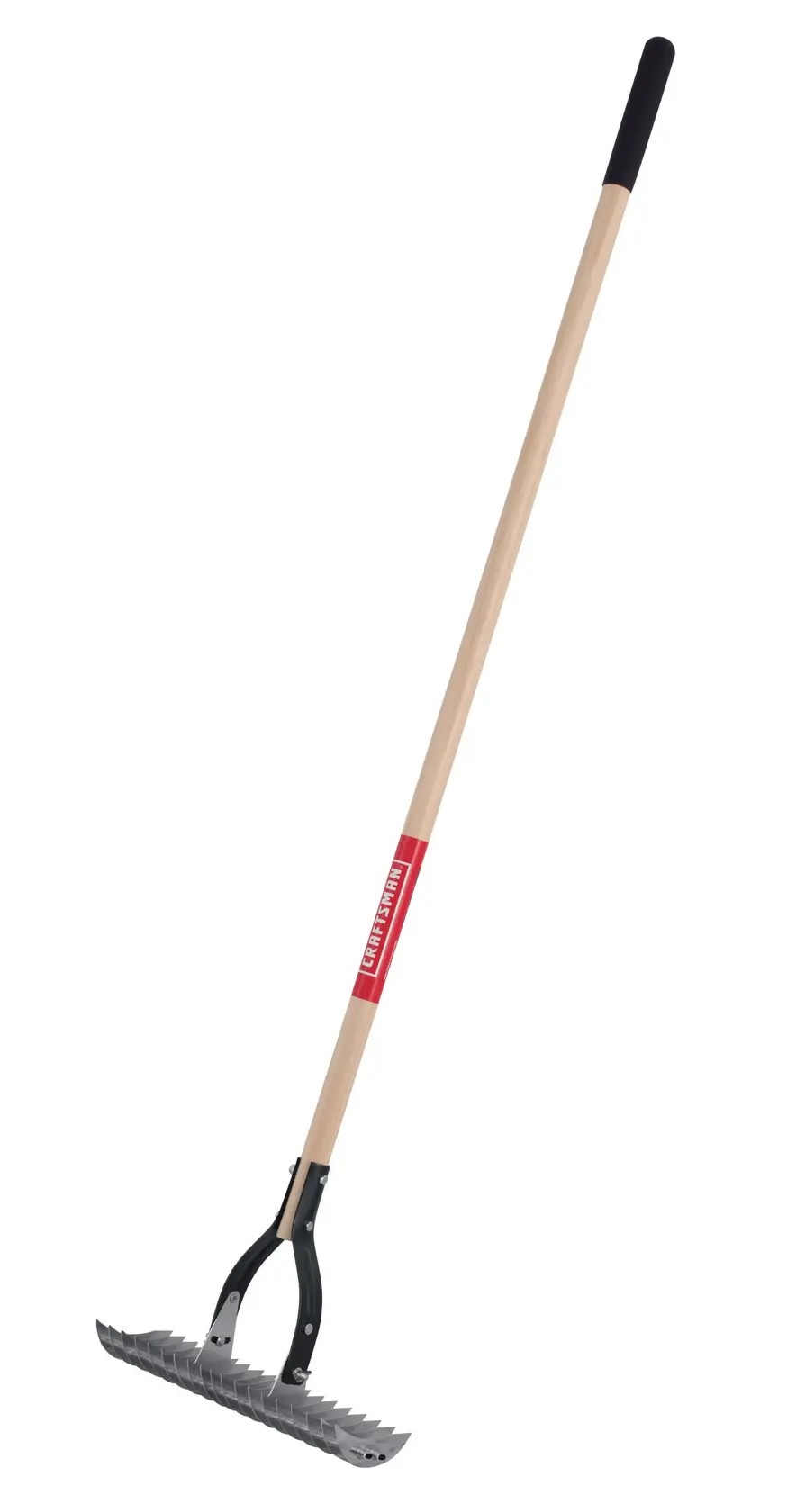 Long Handle Steel Lawn Thatch Removing Rake with wood handle and cushion grip, diagonal side facing