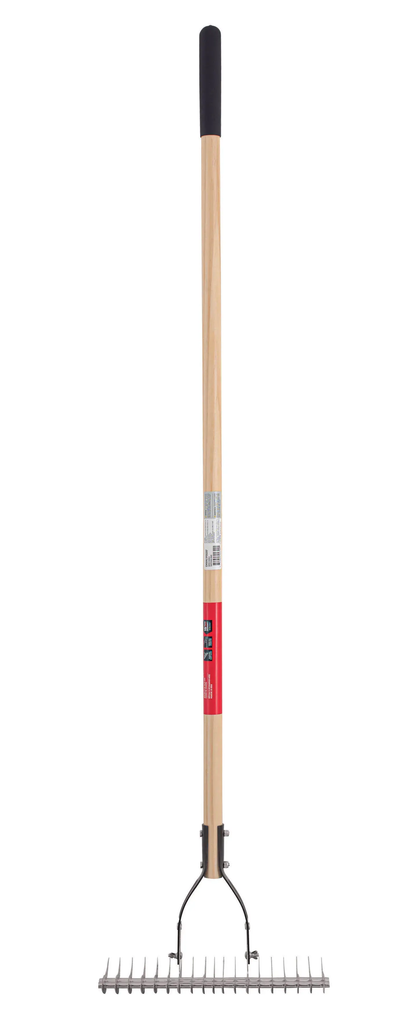 Long Handle Steel Lawn Thatch Removing Rake with wood handle and cushion grip, rear-facing