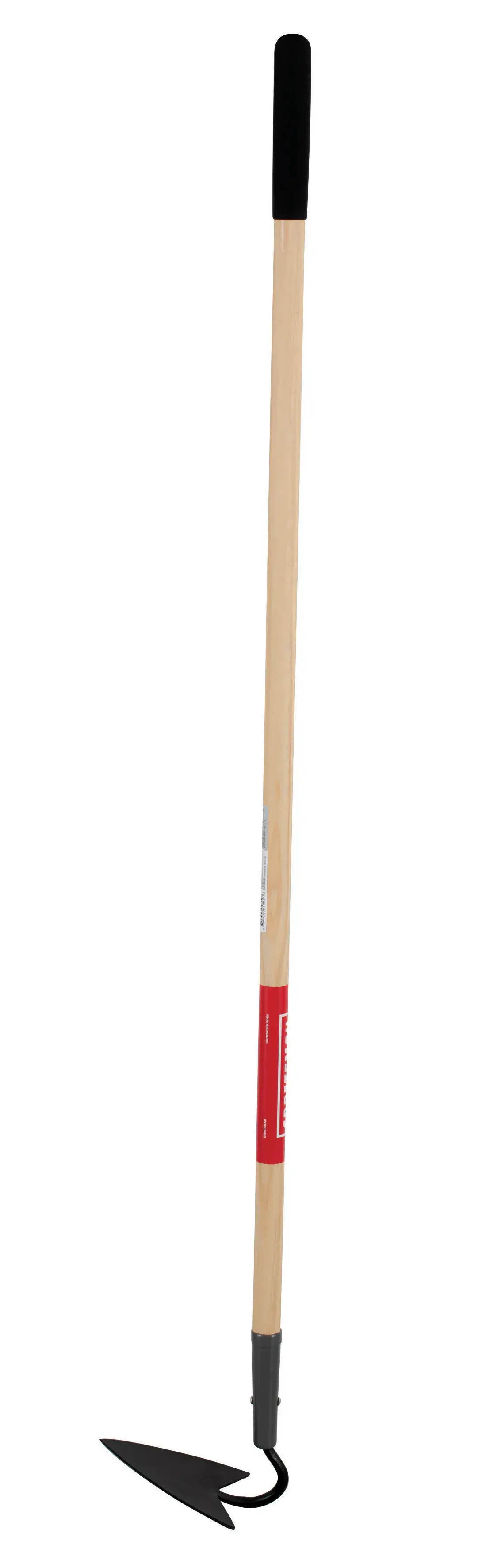 Long Handle Triangle Shaped Steel Seed Planting Hoe with wood handle and cushion grip, left-facing