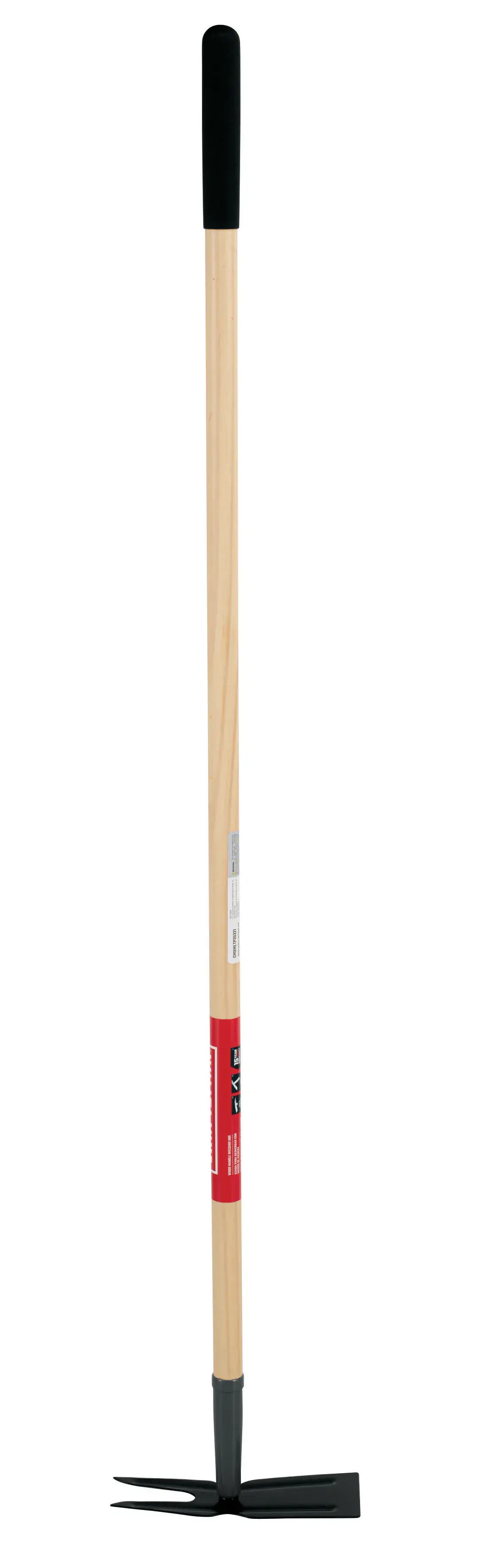 Long Handle 2 Prong Steel Chopping and Weeding Hoe with wood handle and cushion grip, front-facing