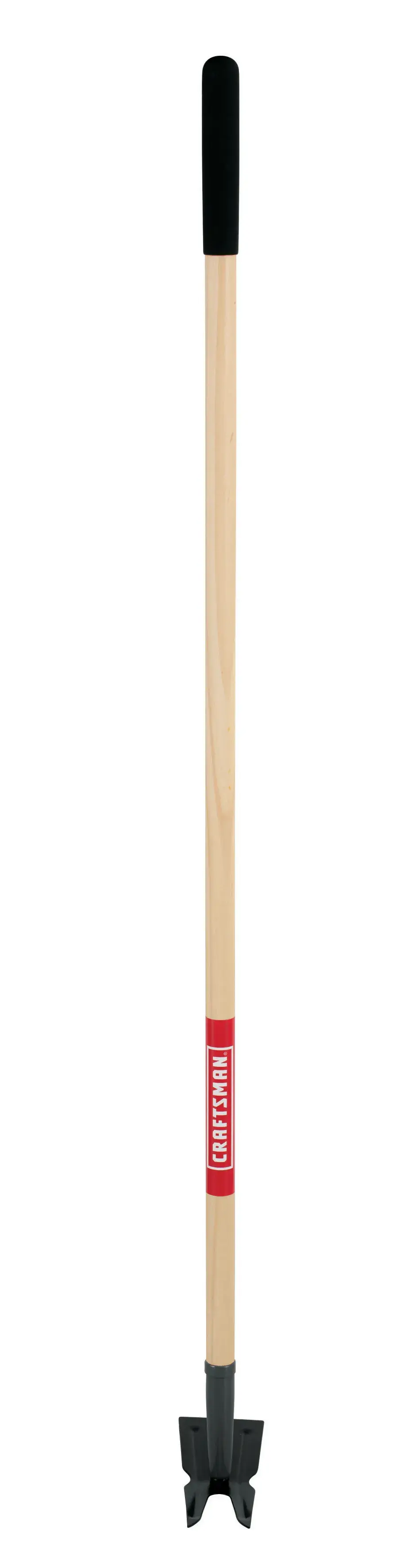 Long Handle 2 Prong Steel Chopping and Weeding Hoe with wood handle and cushion grip, right-facing