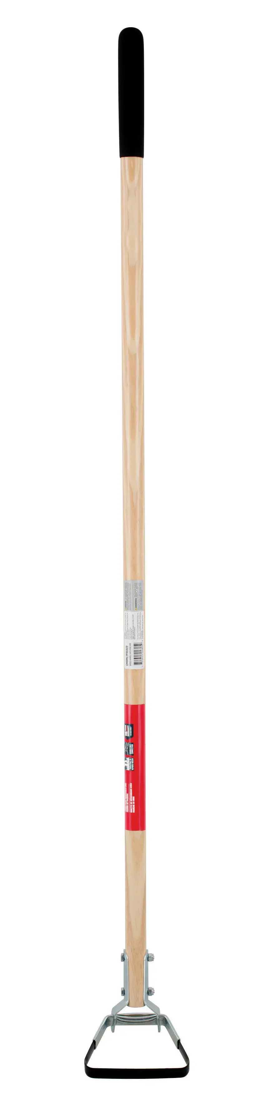 Long Handle Stirrup Shaped Steel Weed Cutting Scuffle Hoe with wood handle and cushion grip, front-facing 