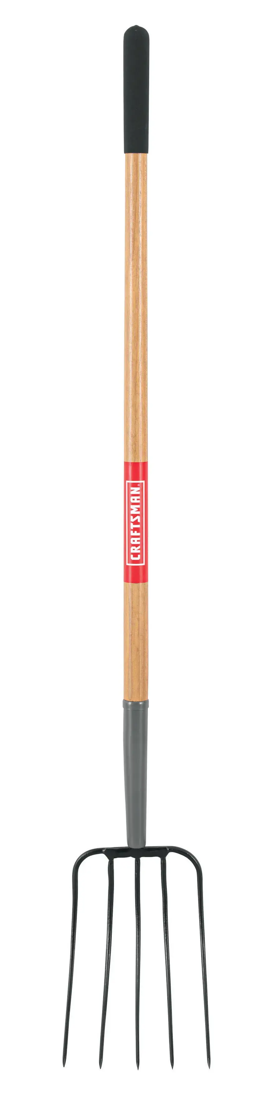 Long Handle 5 Tine Forged Steel Manure Fork with wood handle and cushion grip, front-facing