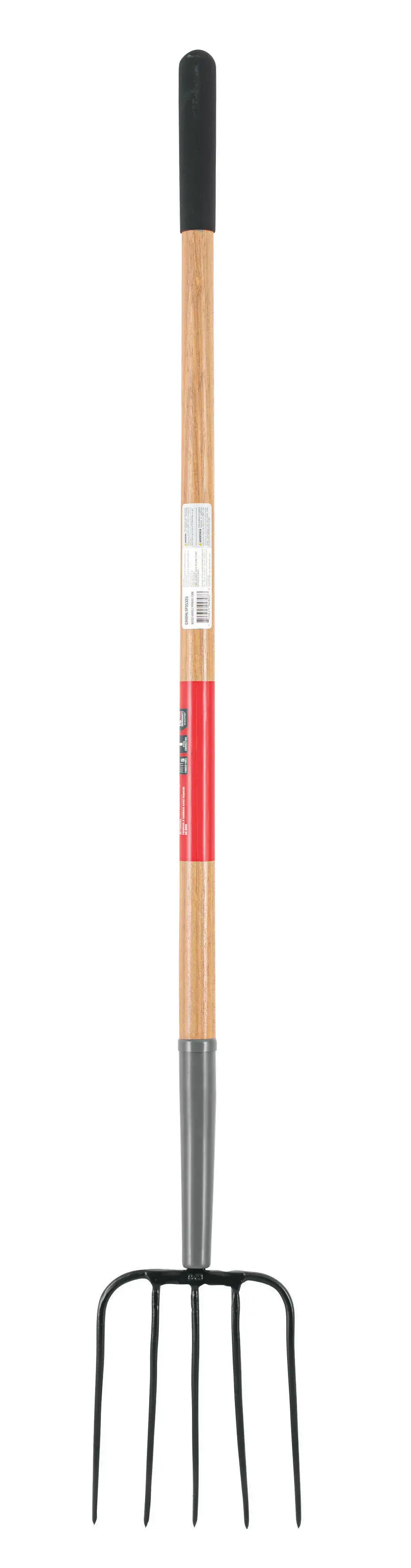 Long Handle 5 Tine Forged Steel Manure Fork with wood handle and cushion grip, rear-facing