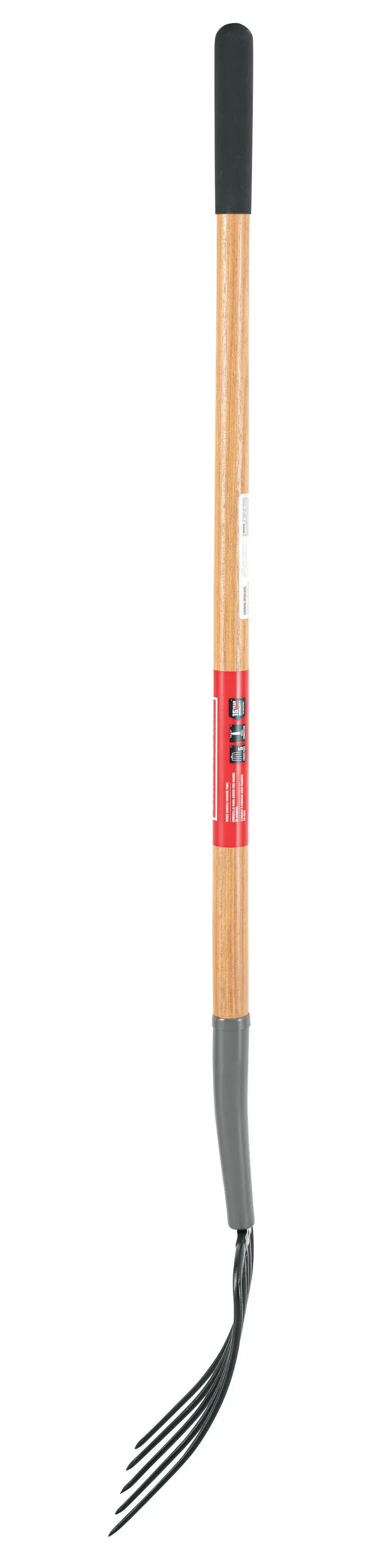 Long Handle 5 Tine Forged Steel Manure Fork with wood handle and cushion grip, left-facing