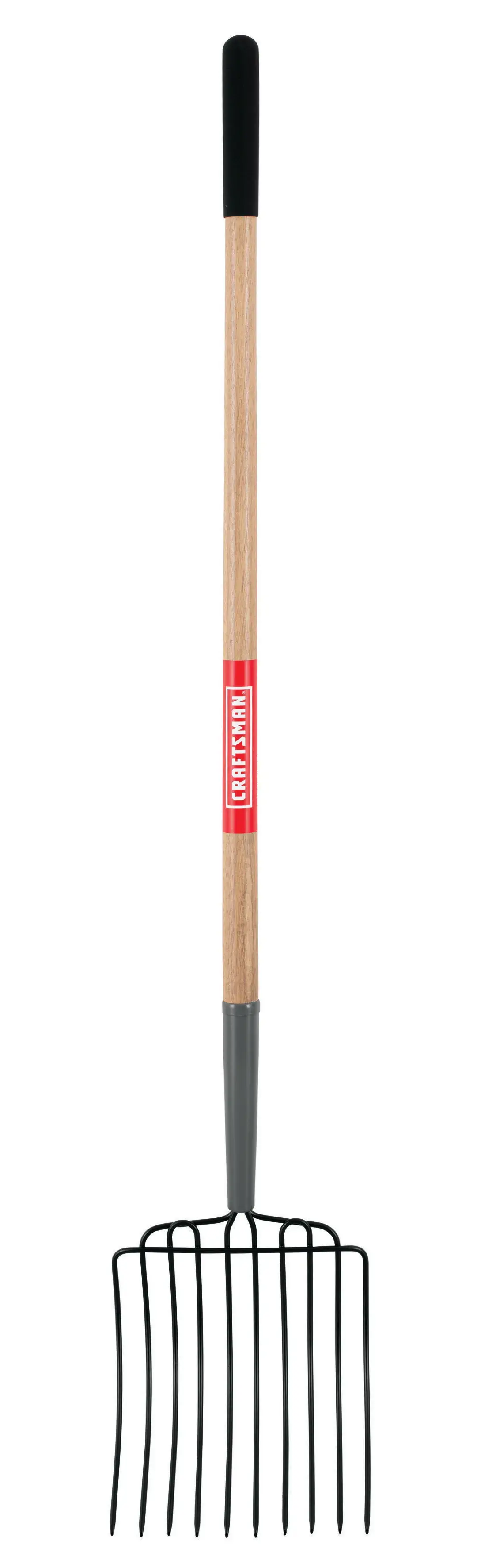 Long Handle 10 Tine Steel Bedding and Mulch Fork with wood handle and cushion grip, front-facing