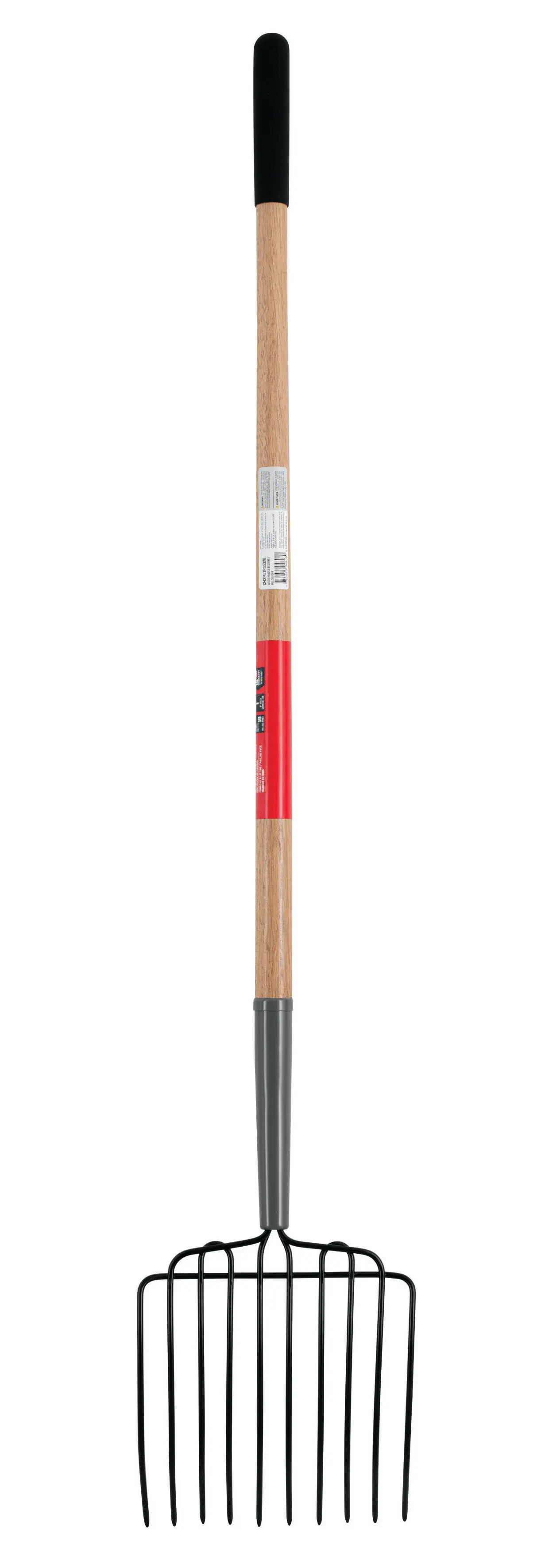 Long Handle 10 Tine Steel Bedding and Mulch Fork with wood handle and cushion grip, rear-facing