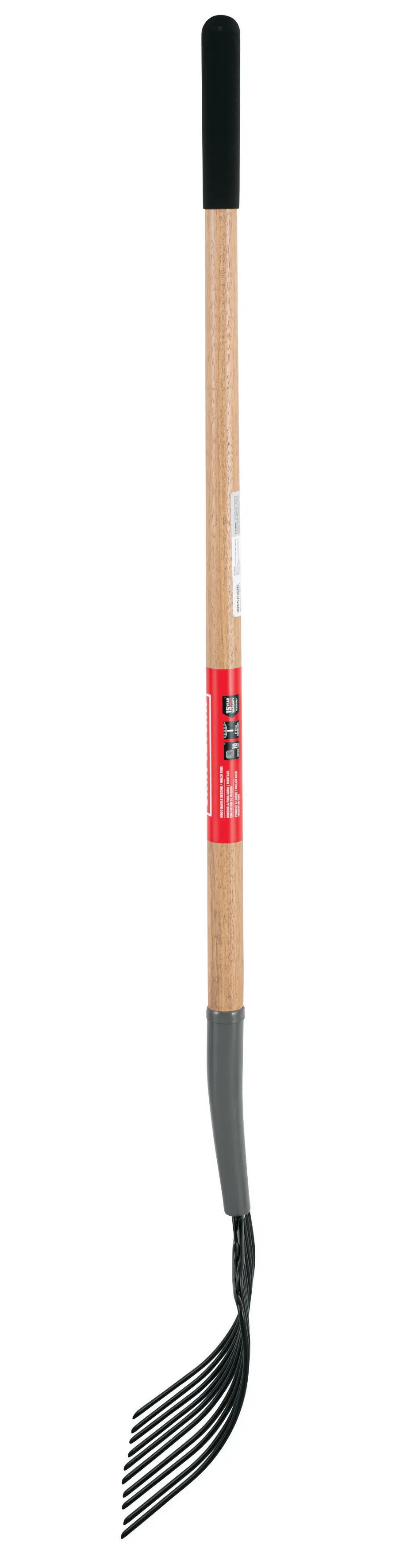 Long Handle 10 Tine Steel Bedding and Mulch Fork with wood handle and cushion grip, left-facing