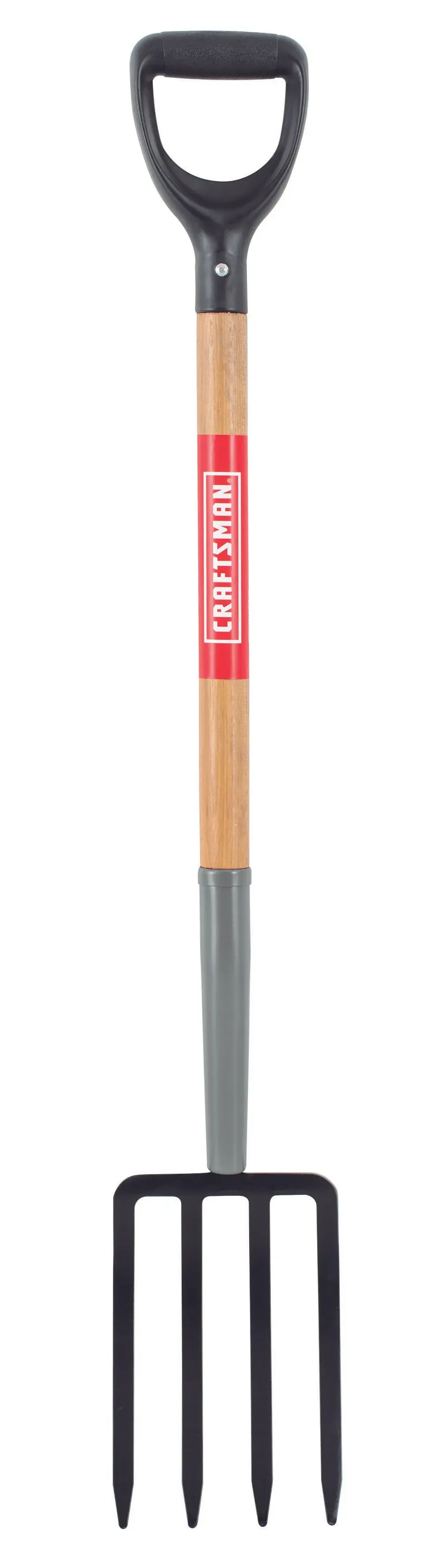 Short Handle 4 Diamond Pointed Tine Forged Steel Digging Fork with wood handle and D-Grip, front-facing