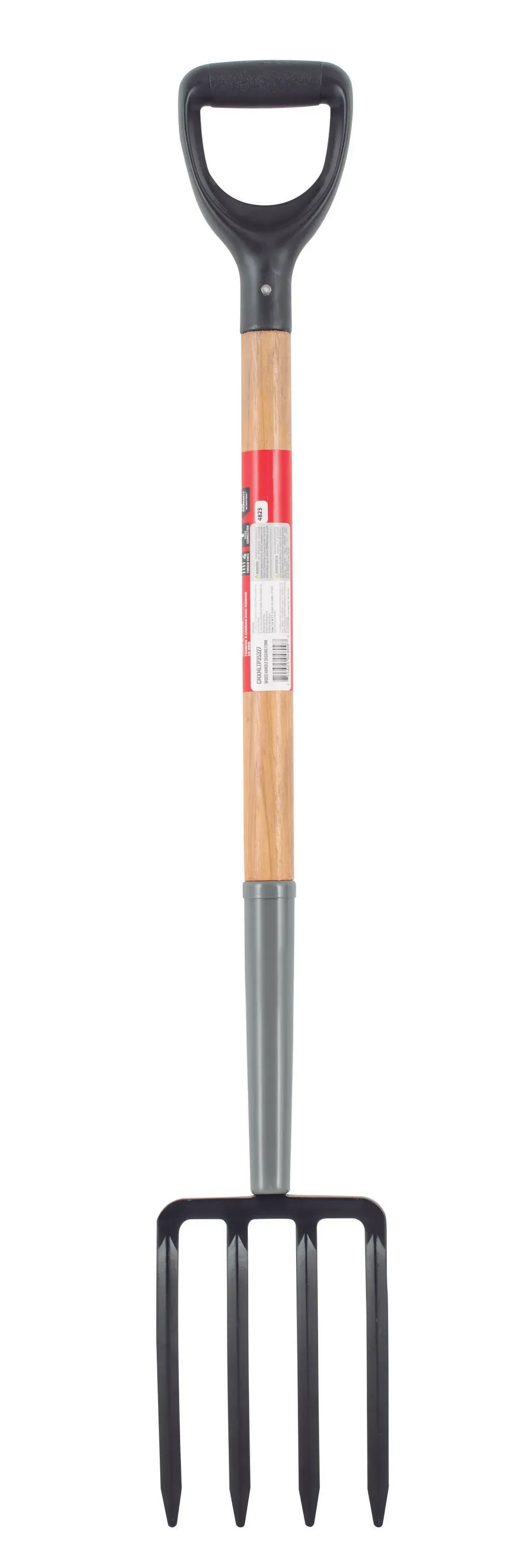 Short Handle 4 Diamond Pointed Tine Forged Steel Digging Fork with wood handle and D-Grip, rear-facing