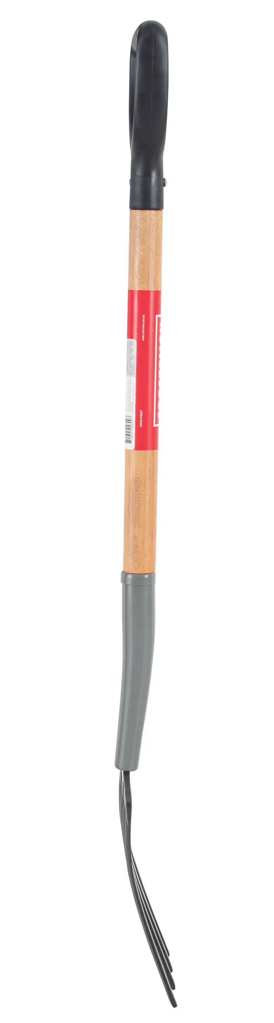 Short Handle 4 Diamond Pointed Tine Forged Steel Digging Fork with wood handle and D-Grip, right-facing