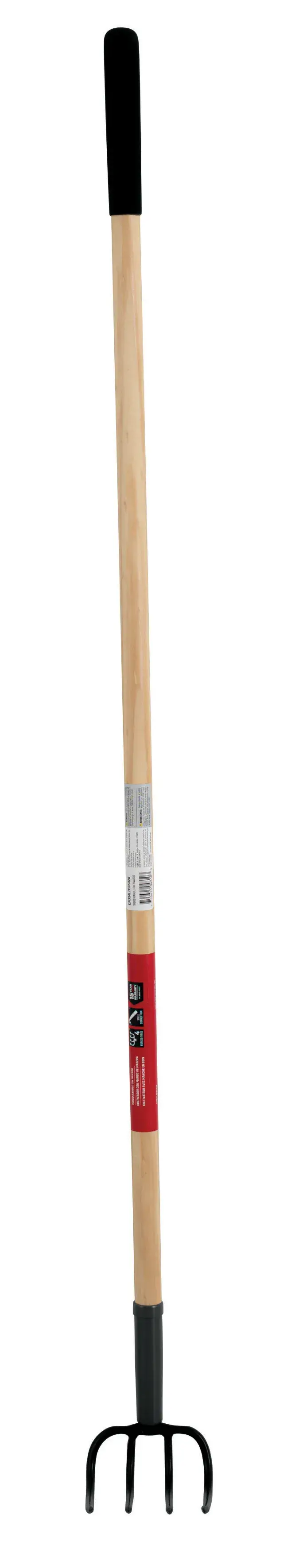 Long Handle 4 Tine Forged Steel Cultivator with wood handle and cushion grip, front-facing 