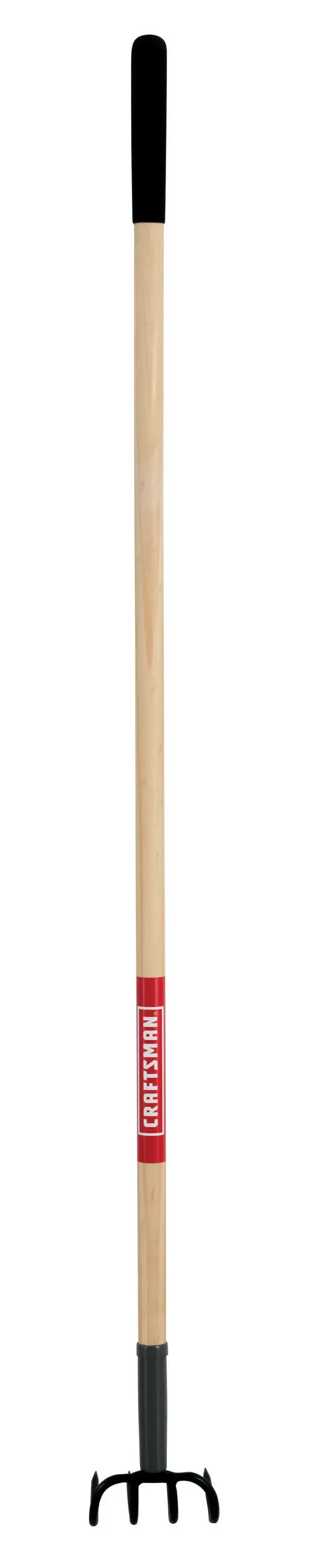 Long Handle 4 Tine Forged Steel Cultivator with wood handle and cushion grip, rear-facing 