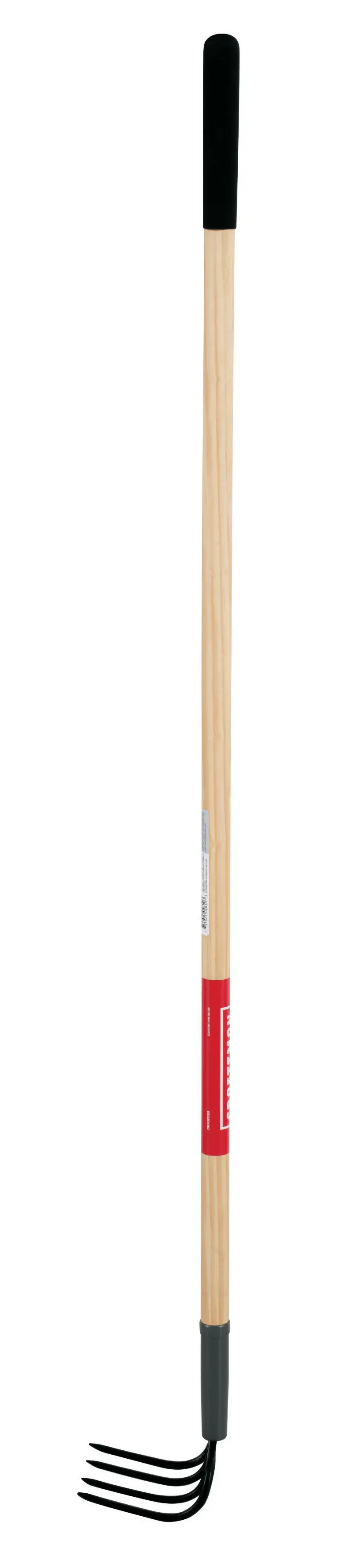 Long Handle 4 Tine Forged Steel Cultivator with wood handle and cushion grip, left-facing 