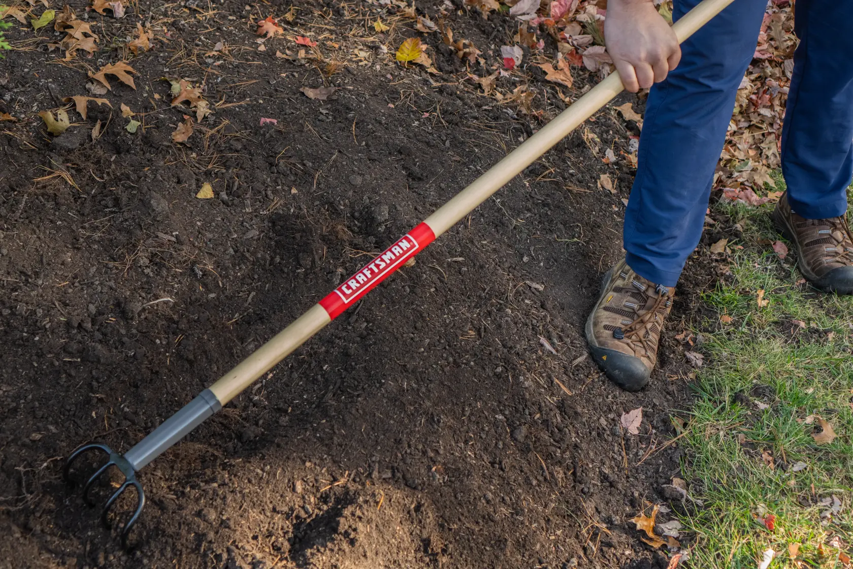 Long Handle 4 Tine Forged Steel Cultivator with wood handle and cushion grip, in action 