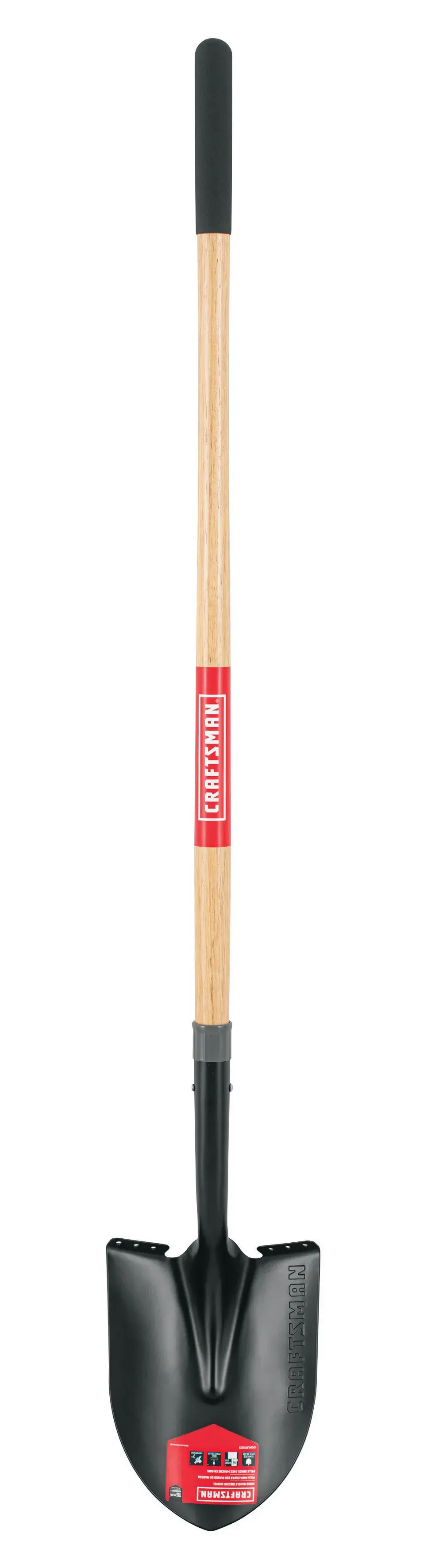 Long Handle Cleated Step Digging Shovel with wood handle and cushion grip, front-facing