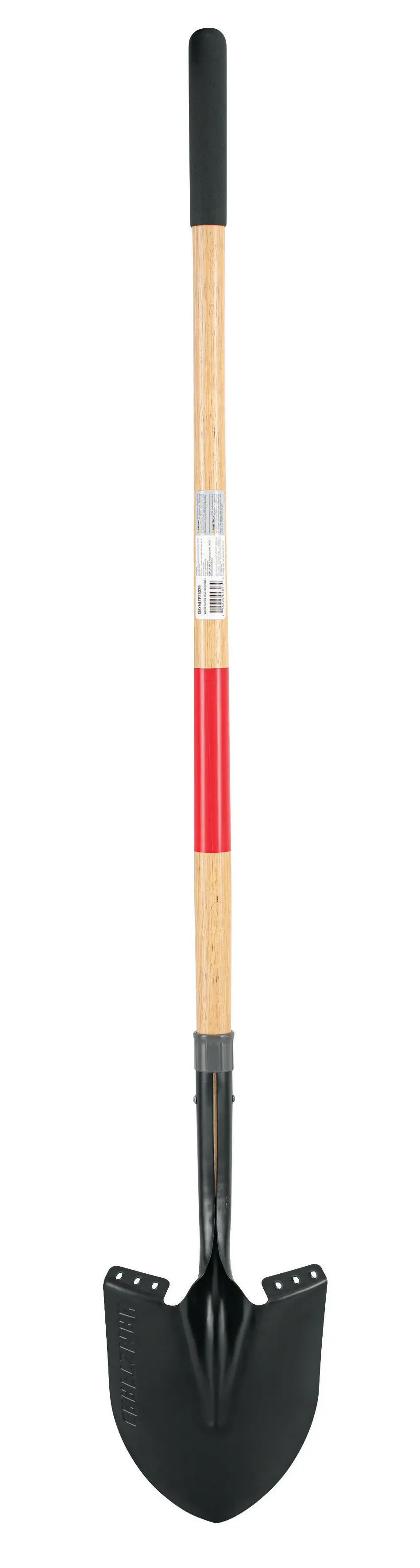 Long Handle Cleated Step Digging Shovel with wood handle and cushion grip, rear-facing