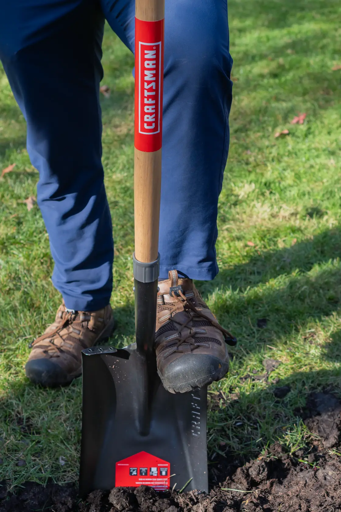 Long handle Cleated Step Transfer Shovel with wood handle and cushion grip, in action shoveling