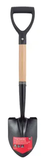 Short Handle Floral Size Digging Shovel with wood handle and D-Grip, front-facing 