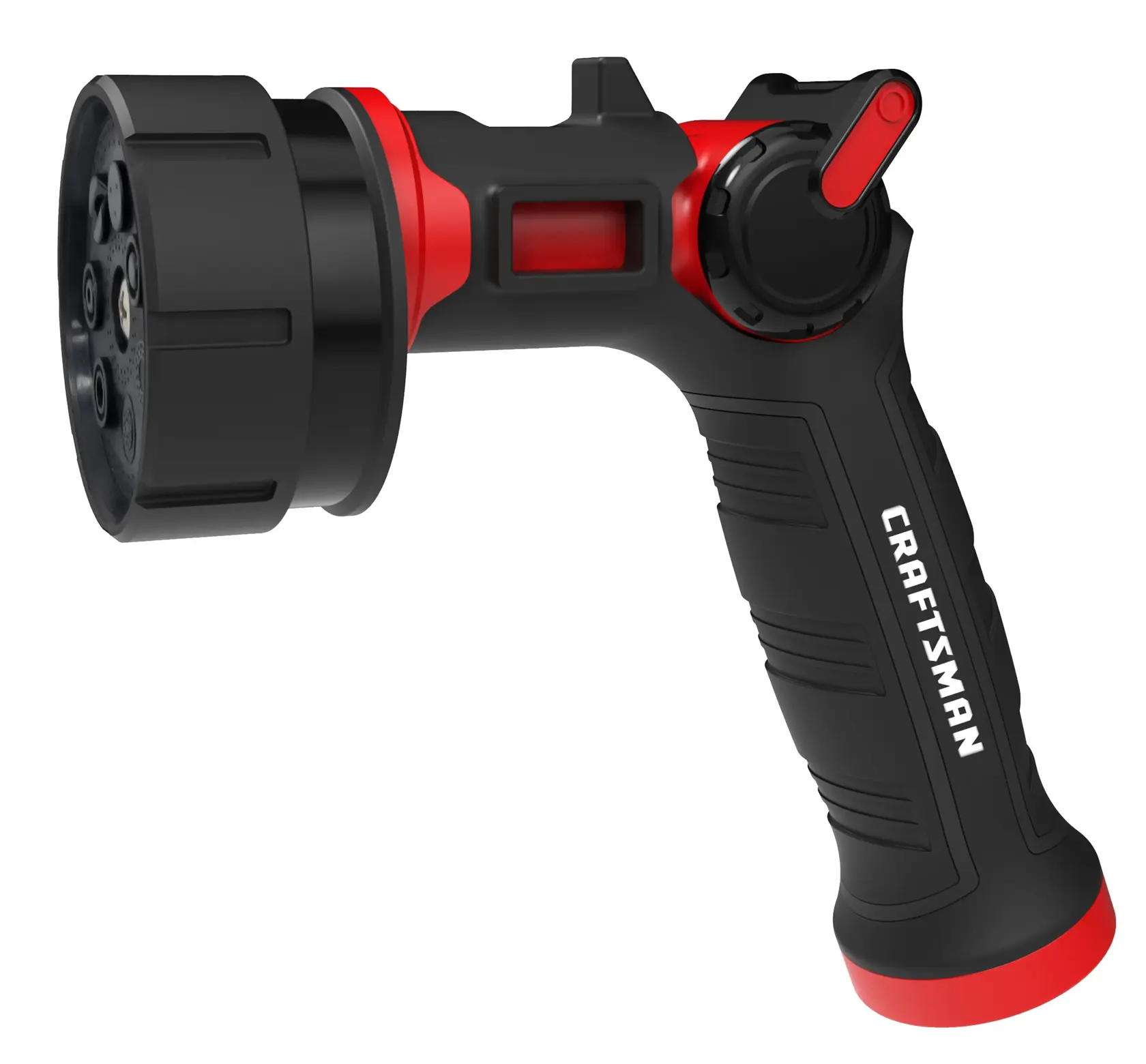 Side view of a black and red craftsman ultimate seven pattern water nozzle with thumb control.