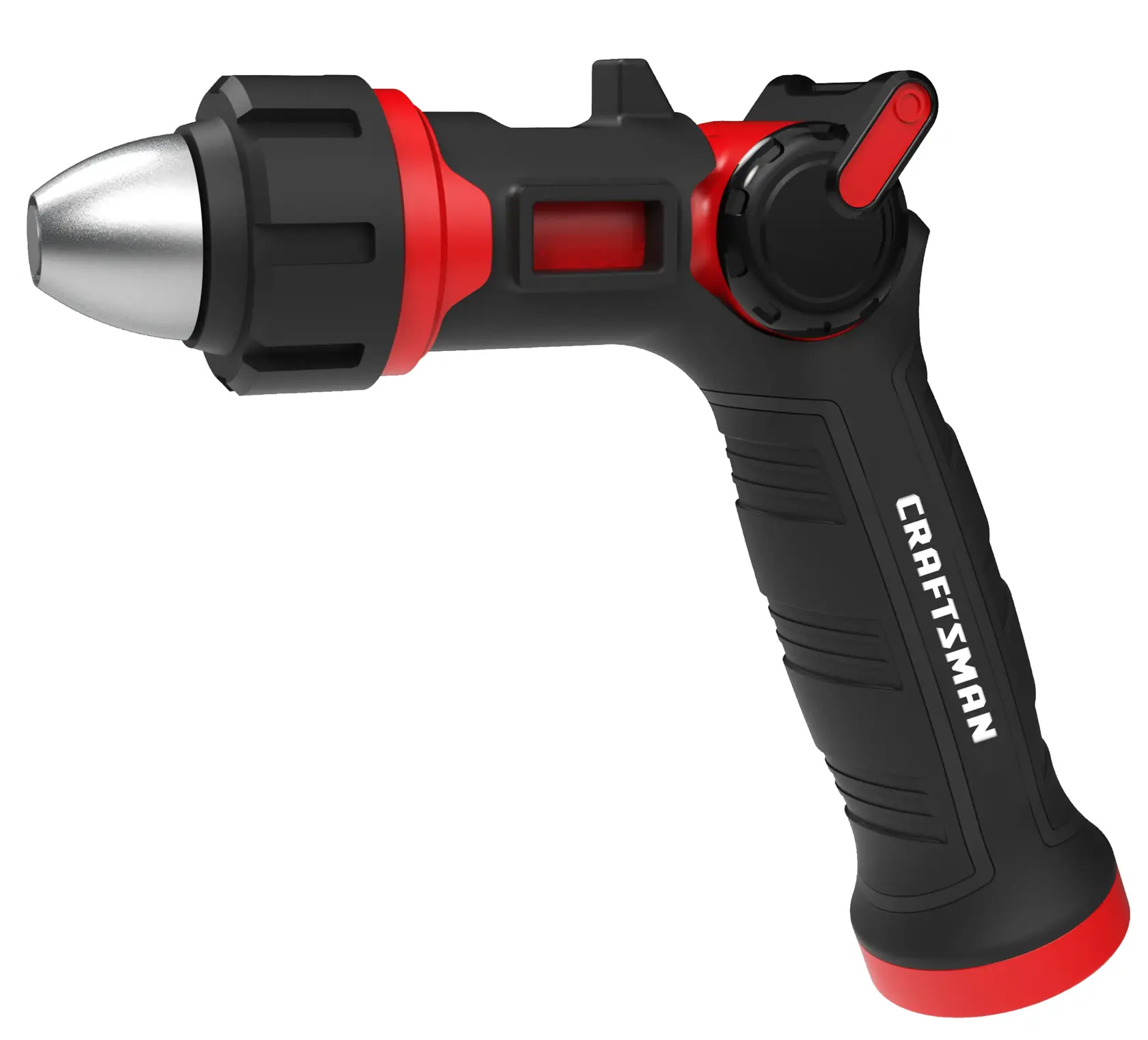 Side view of a black and red craftsman ultimate adjustable water nozzle with thumb control. 