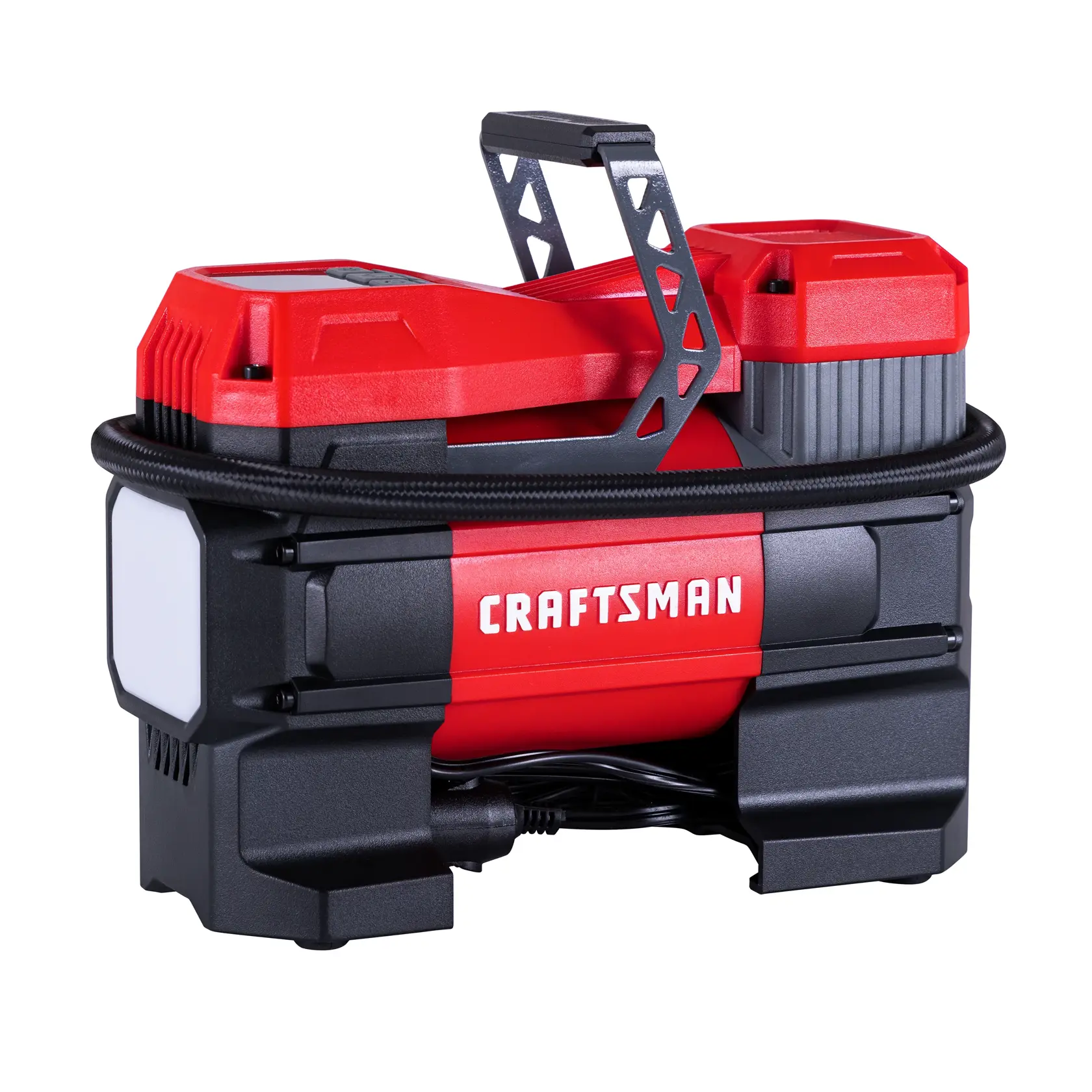 Red and black CRAFTSMAN portable air compressor with handle and hose wrapped around the unit.