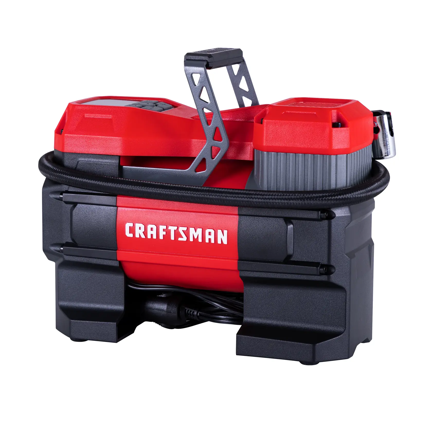 CRAFTSMAN portable air compressor in red and black with a handle and coiled hose, suitable for inflation tasks.