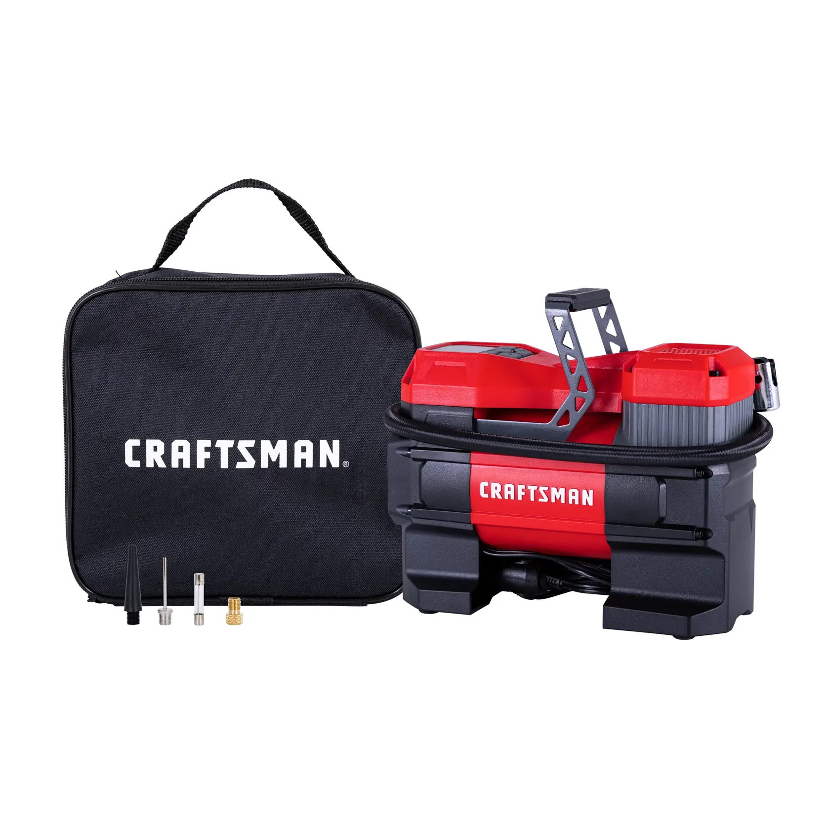 CRAFTSMAN portable air compressor with carrying case and four nozzle accessories on white background.