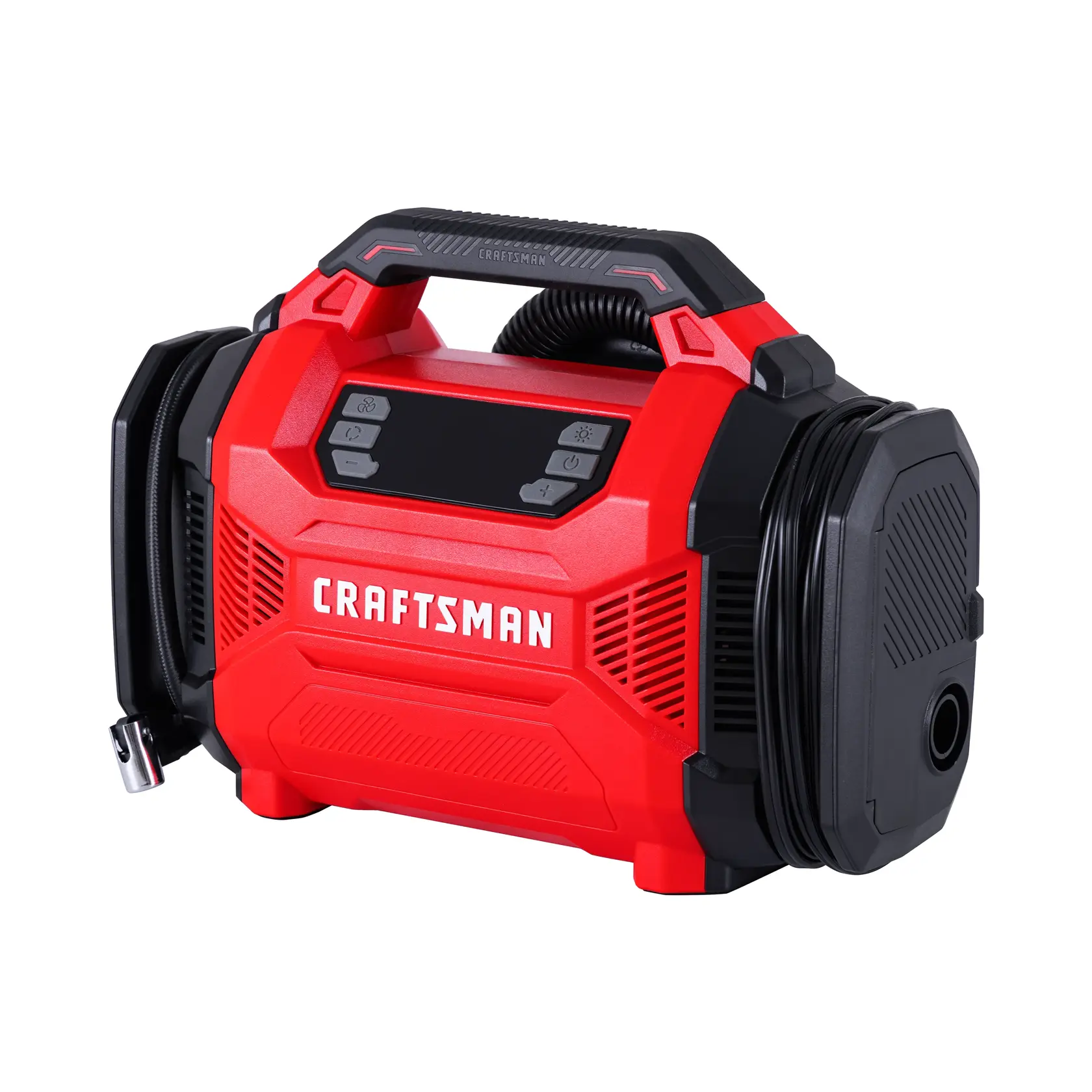 Portable red and black CRAFTSMAN air compressor with handle and control buttons, coiled hose visible.