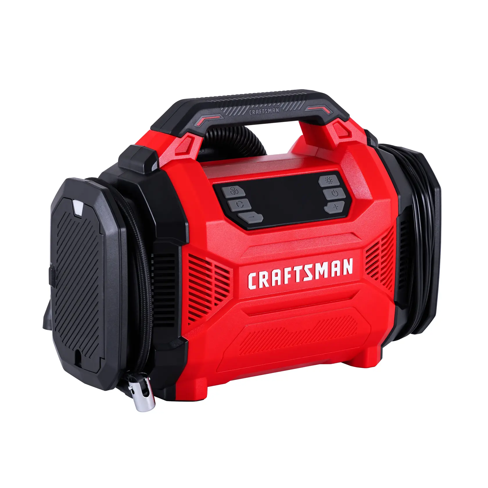 Red and black CRAFTSMAN portable air compressor with handle and control buttons, shown on a white background.