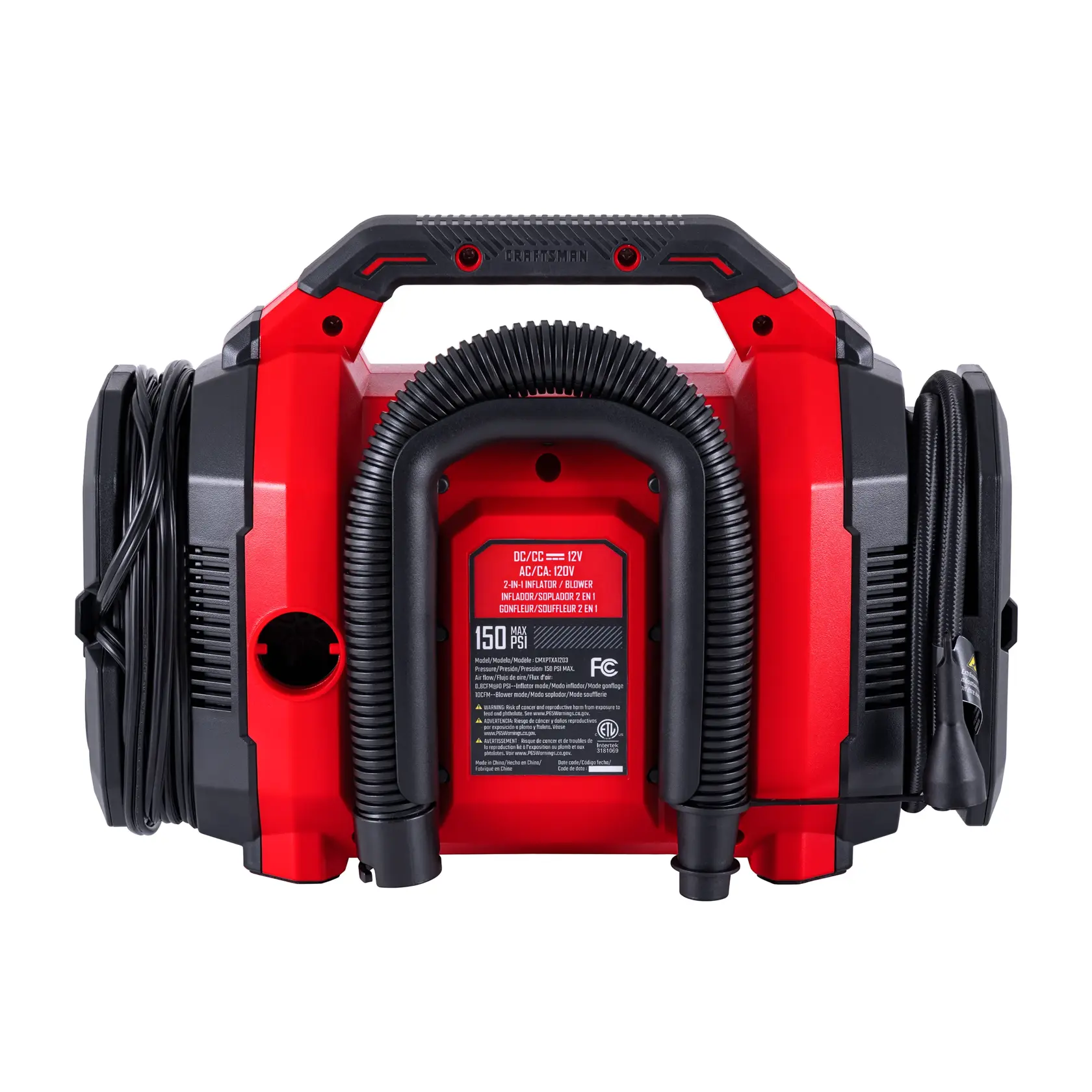 Portable red and black Craftsman air compressor with coiled hose and power cords, front view.