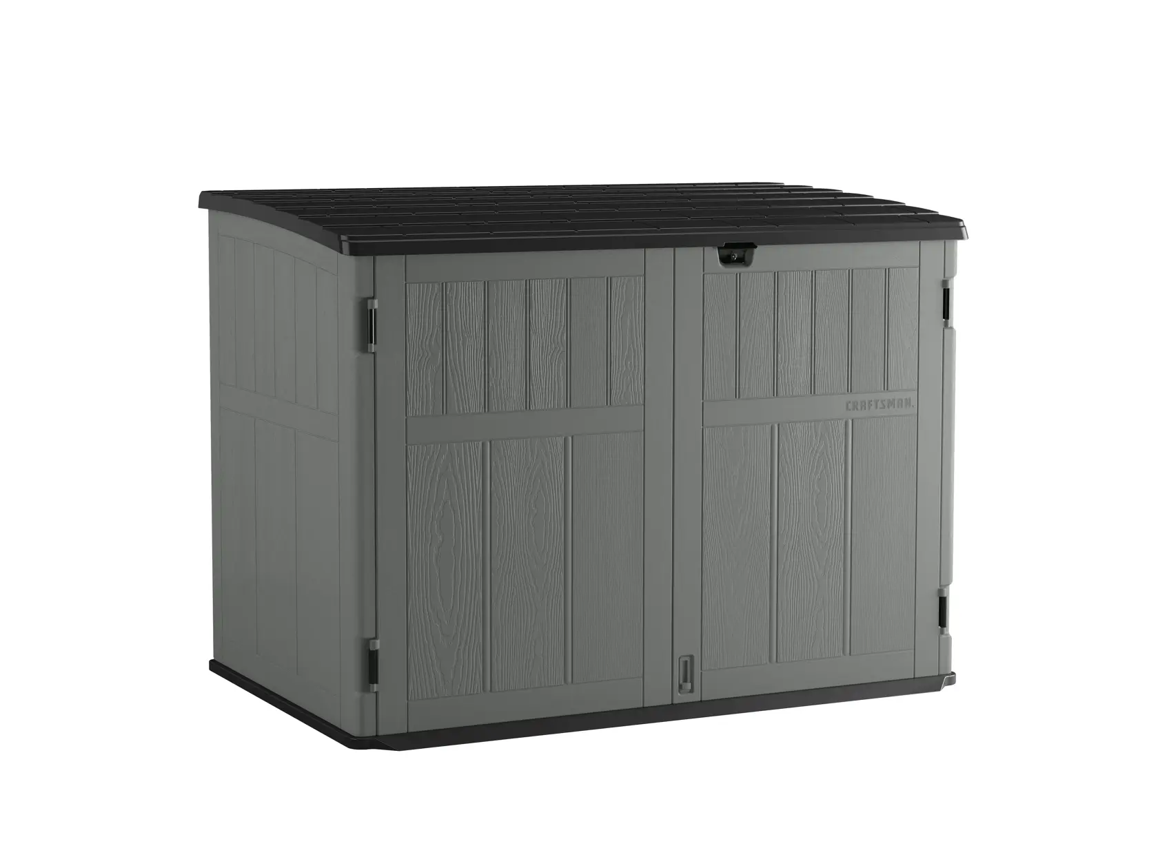 Photo of Craftsman outdoor storage shed CMXRCSCBMSC4752Z, gray with black lid, front angle on white background.