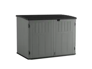 Photo of Craftsman outdoor storage shed CMXRCSCBMSC4752Z, gray with black lid, front angle on white background.