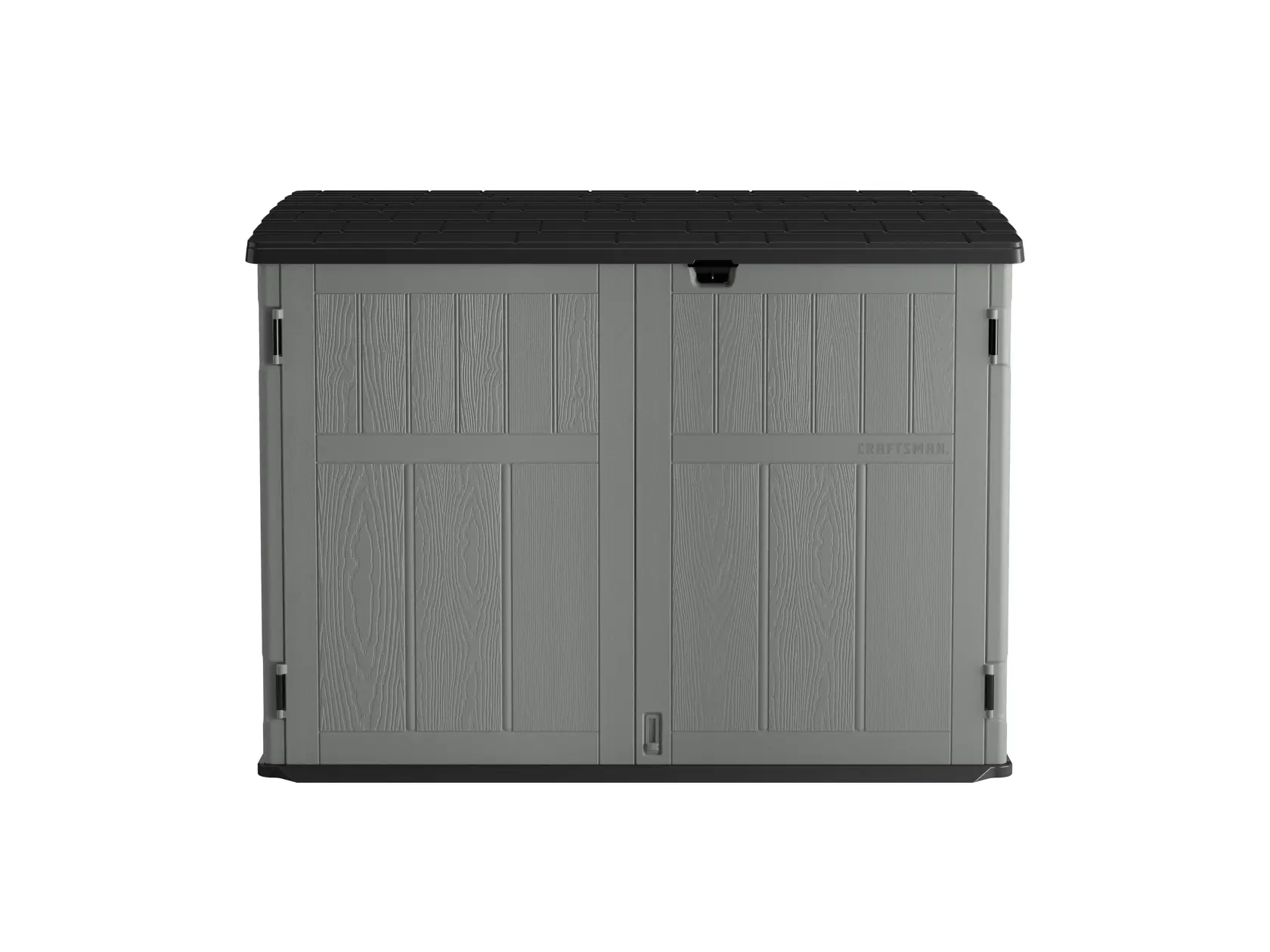 Craftsman outdoor storage shed CMXRCSCBMSC4752Z, grey panels, black lid, front angle, white background.