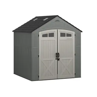 Craftsman CMXRCSCBMSC7752 storage shed with double doors, windows, and gray panels, front angle on white background.
