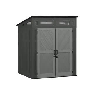 Photo of Craftsman outdoor storage shed CMXRCSCBMSCM6550, gray double doors, window panels, front angle, white background.