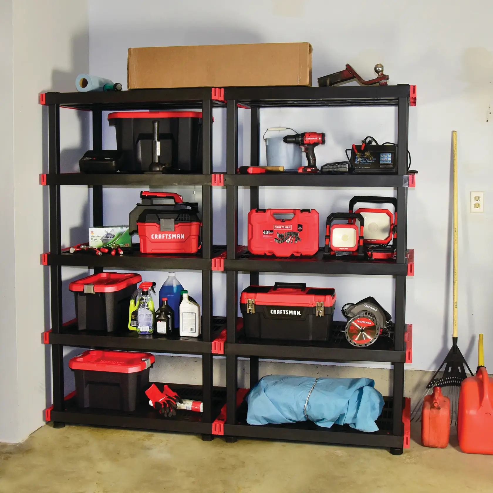 24 by 40 ventilated 5 tier shelf holding multiple tools and equipment.