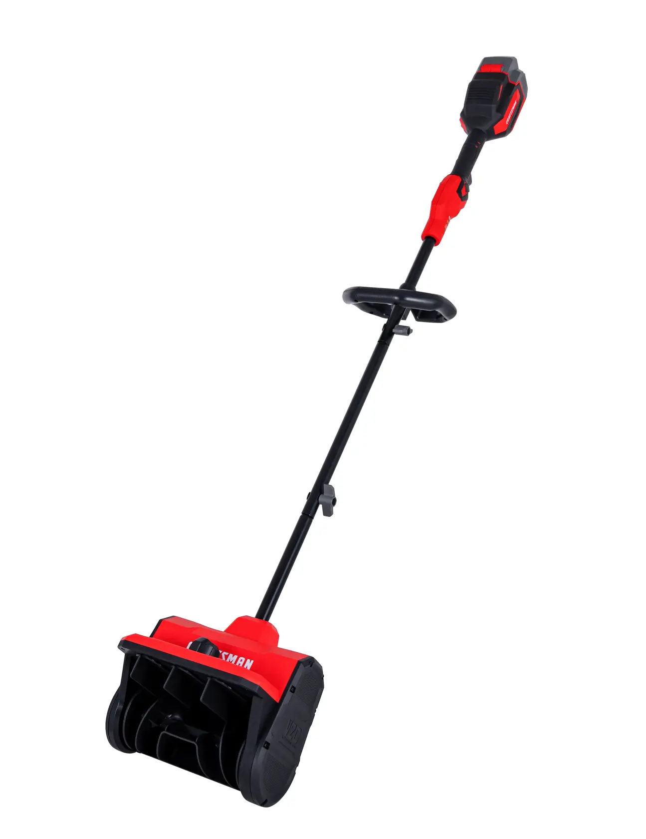 A cordless electric snow shovel with a red and black design, featuring a long handle, auxiliary grip, and a wide scoop at the base for clearing snow.