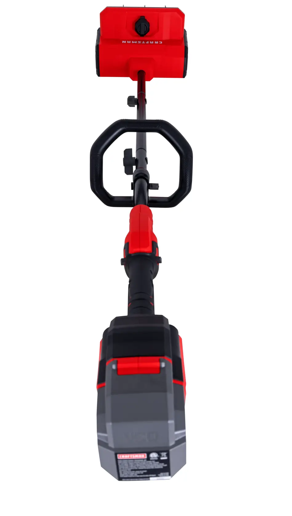 A front view of a red and black cordless power tool with a handle, likely a garden or outdoor device, photographed on a white background.