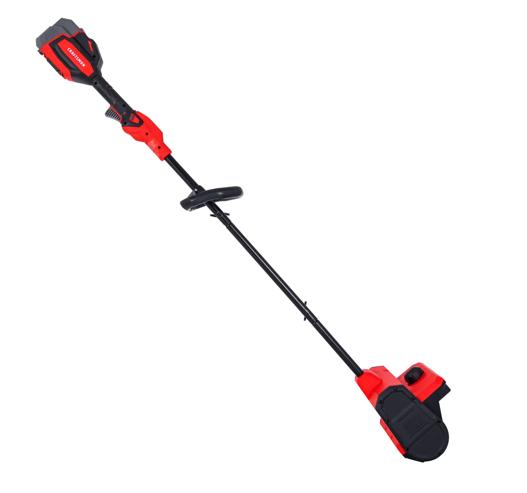 A red and black cordless electric pole saw with an extended handle, designed for cutting tree branches and hard-to-reach areas.