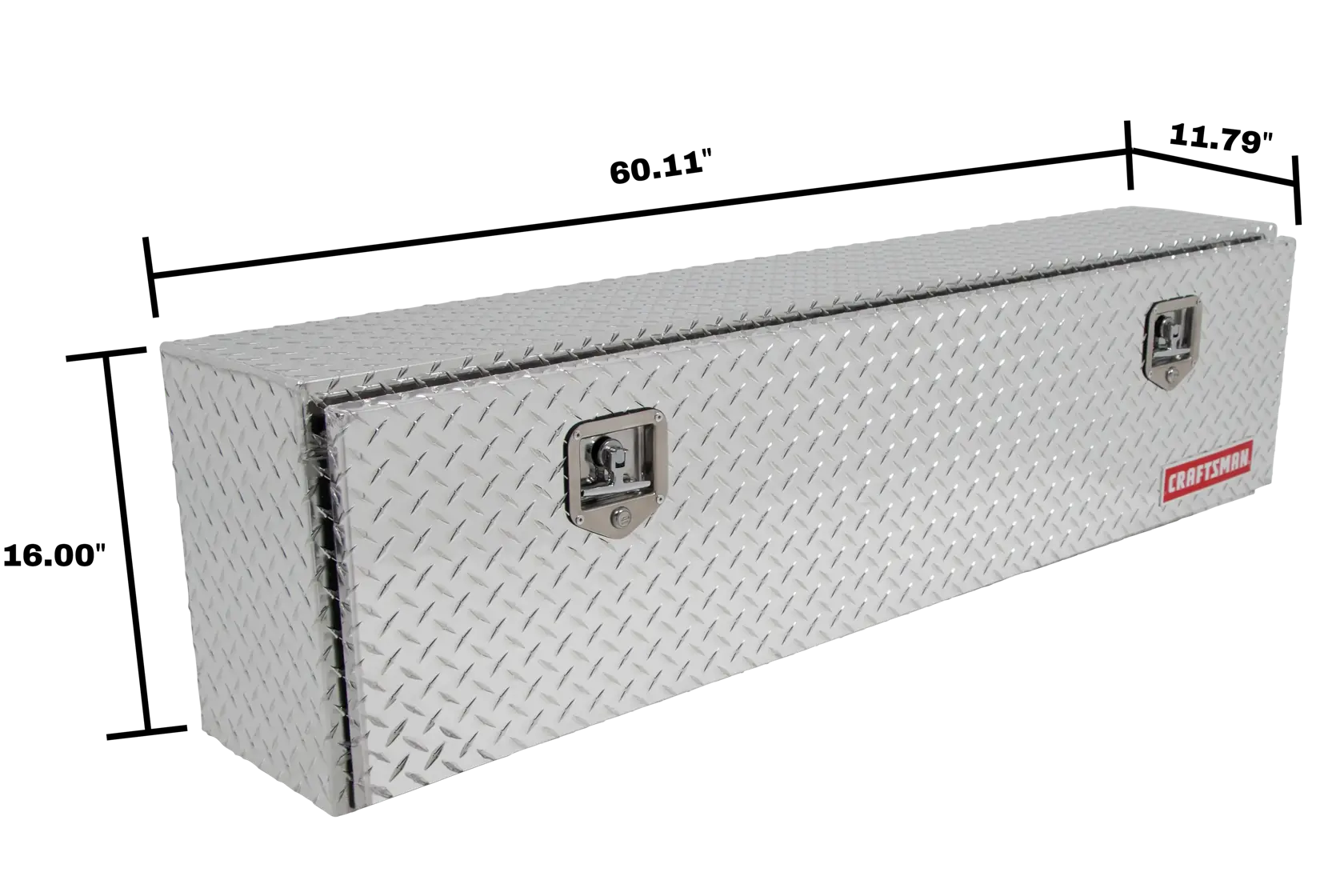 Craftsman CMXTBAD64019032 silver truck storage box with diamond plate pattern, front angle, measurements shown.