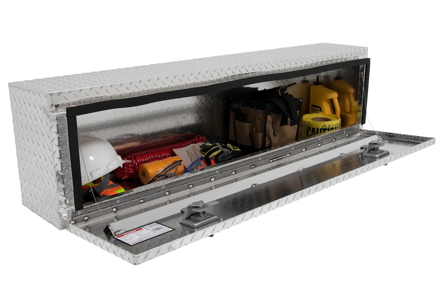 Craftsman CMXTBAD64019032 aluminum truck toolbox with open lid, filled with safety gear and tools, angled view.