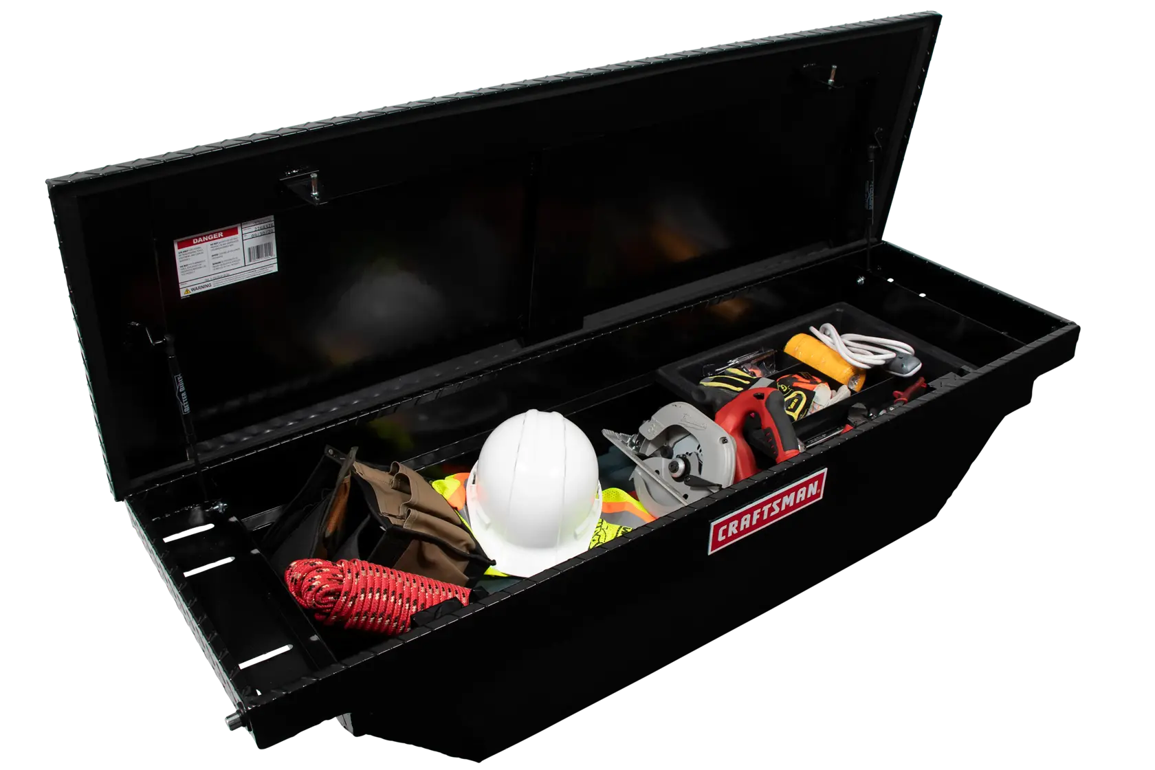 CRAFTSMAN CMXTBAD73217204 black truck storage box open, showing tools and safety gear, side angle photo.