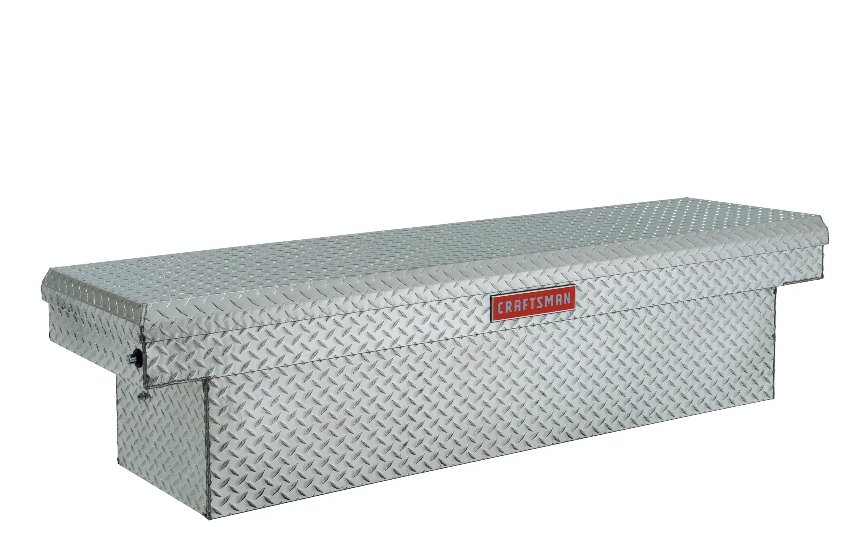 Craftsman CMXTBAK1000901 truck bed tool box, silver diamond plate, angled front on white background.