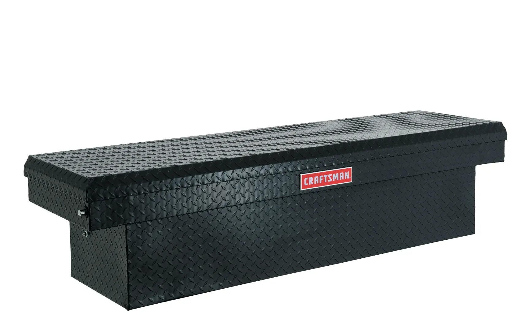 Photo of Craftsman black truck tool box CMXTBAK1005301 with diamond plate pattern, angled view.