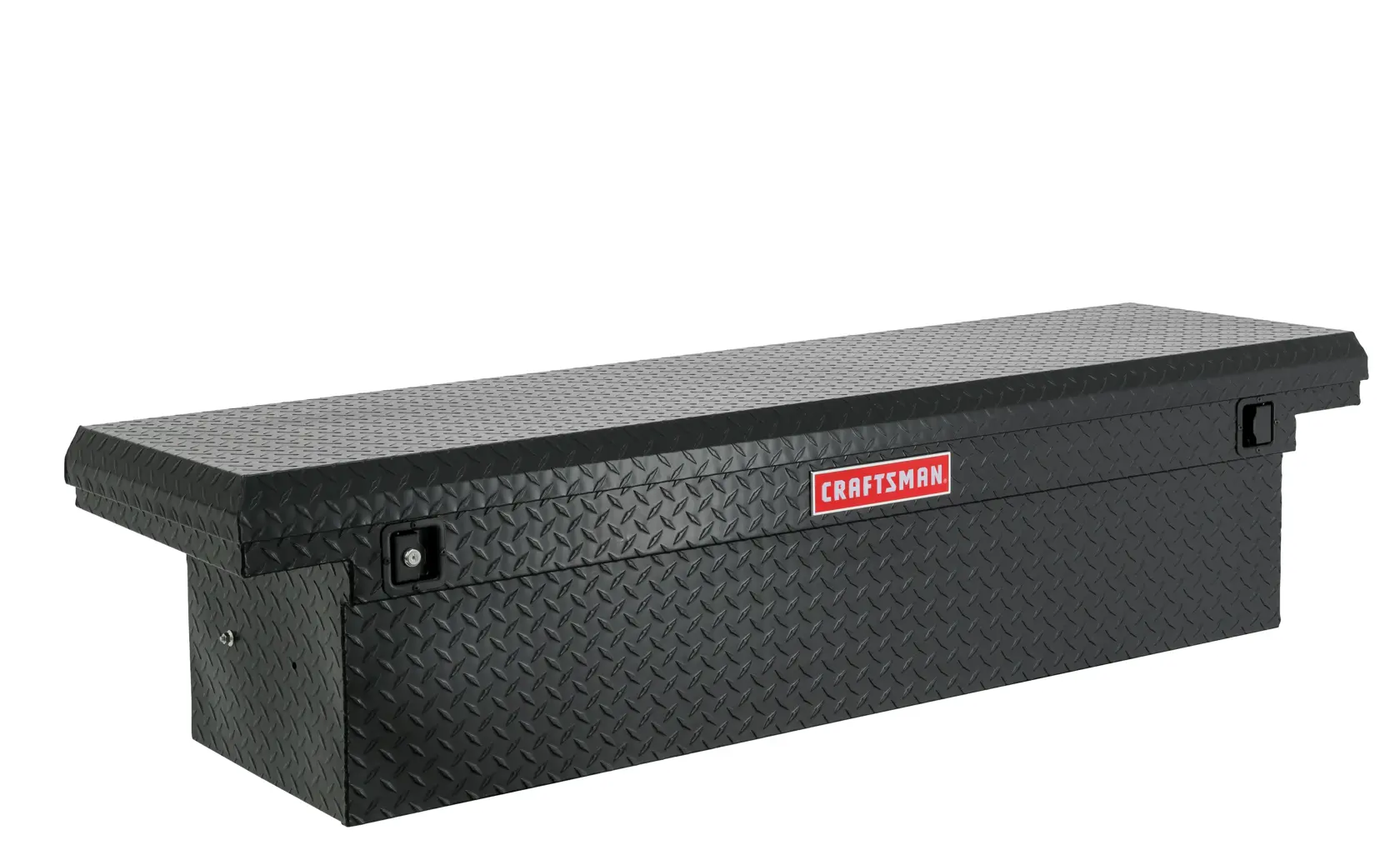 Craftsman CMXTBAK1055301 black diamond plate truck tool box, front angle, white background.